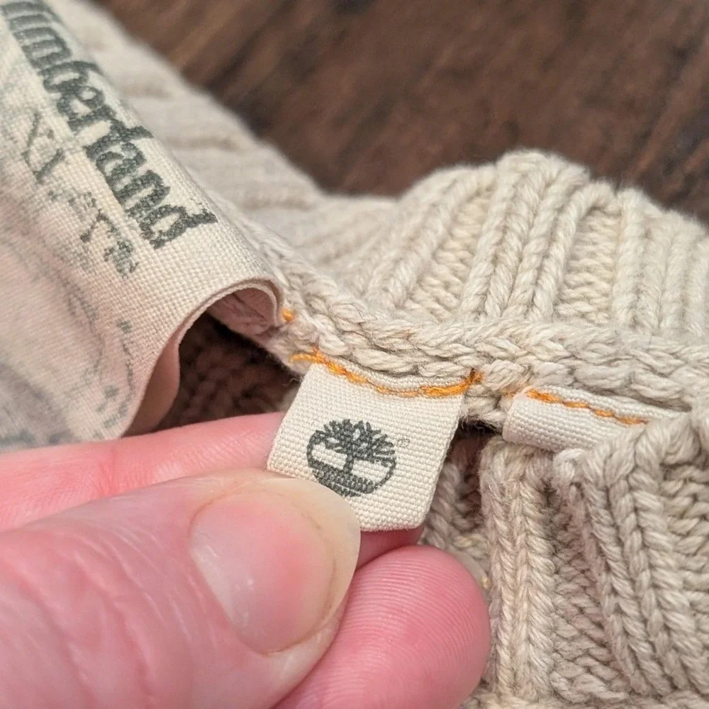 Timberland Sweater Mens XL Fits L Beige Cream Cotton Raglan‎ Ribbed Crewneck Y2K